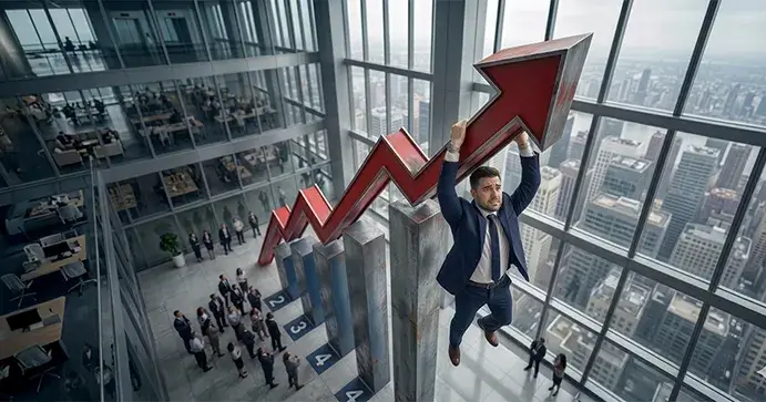 A woman in a red sweater swiping a credit card to pay at a check out counter.