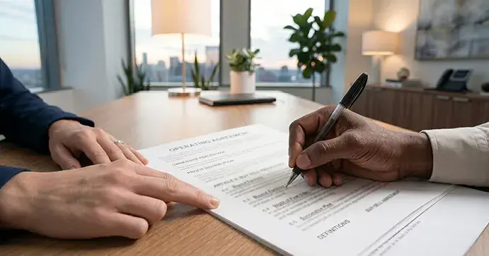 A woman in a red sweater swiping a credit card to pay at a check out counter.